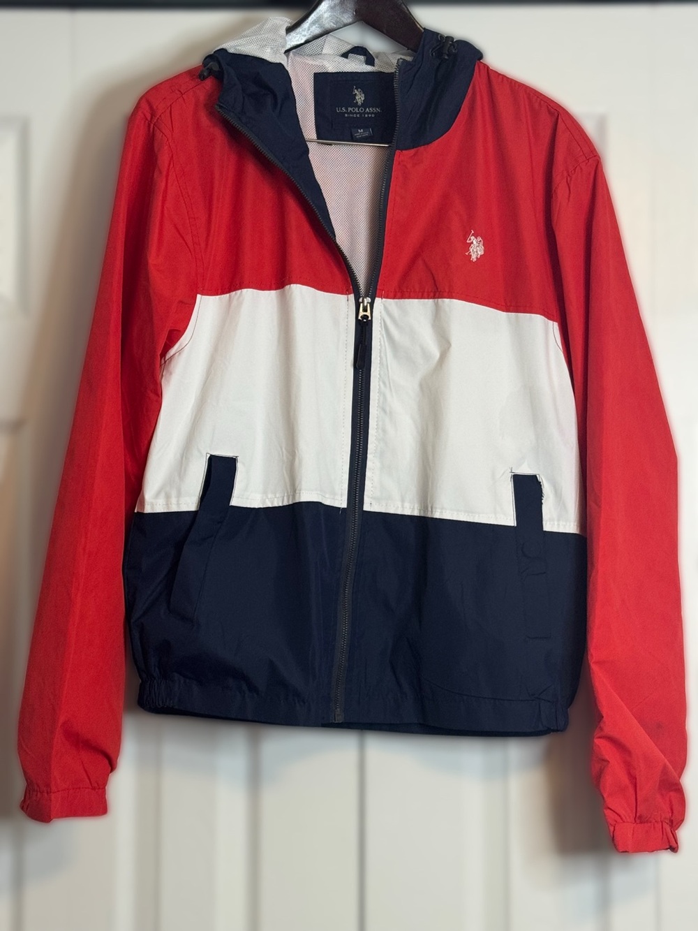 U.S. Polo Assn. Men’s Colorblock Hooded Windbreaker Jacket Red White Navy M